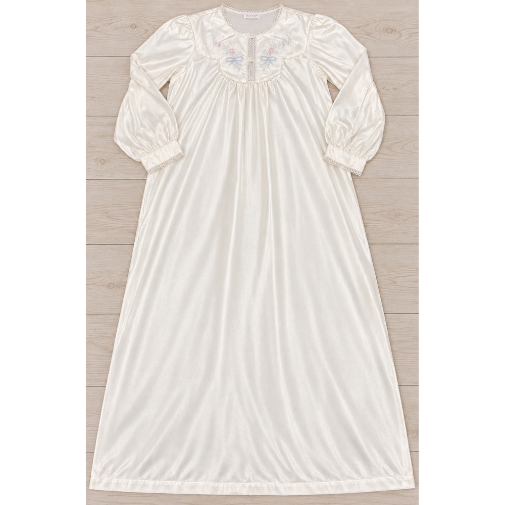 Barbizon Nightgown Vintage Embroidered Lace Trim Satin Maxi Sleepwear Ivory L